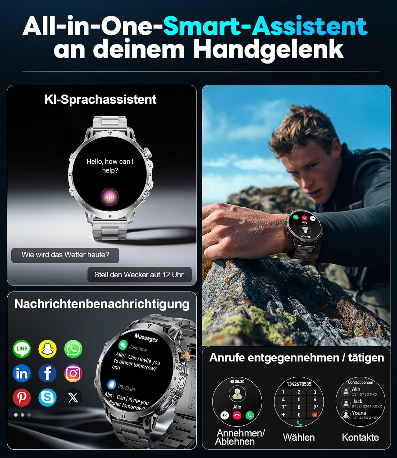 LIGE Men's Military Smartwatch - 1400 mAh / 1.85 Inch HD Large Touch Screen/Light – Bild 10
