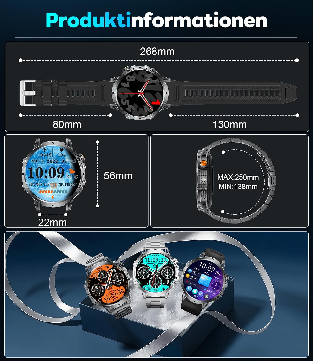 LIGE Men's Military Smartwatch - 1400 mAh / 1.85 Inch HD Large Touch Screen/Light – Bild 11
