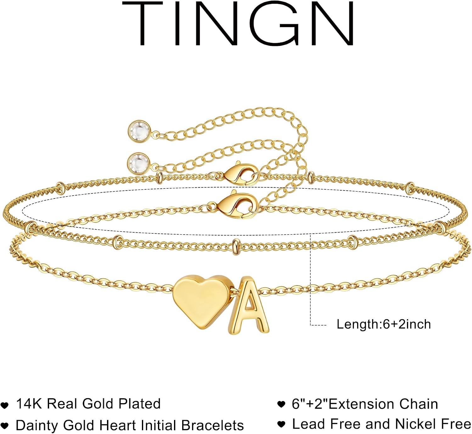 TINGN Women's Gold Silver Bracelet - 14K Gold Plated Heart Layered Bracelets Personalised Bracelet with Letters Monogram Alphabet Bracelet Women's Jewellery Gifts for Women Girlfriend Girls – Bild 6