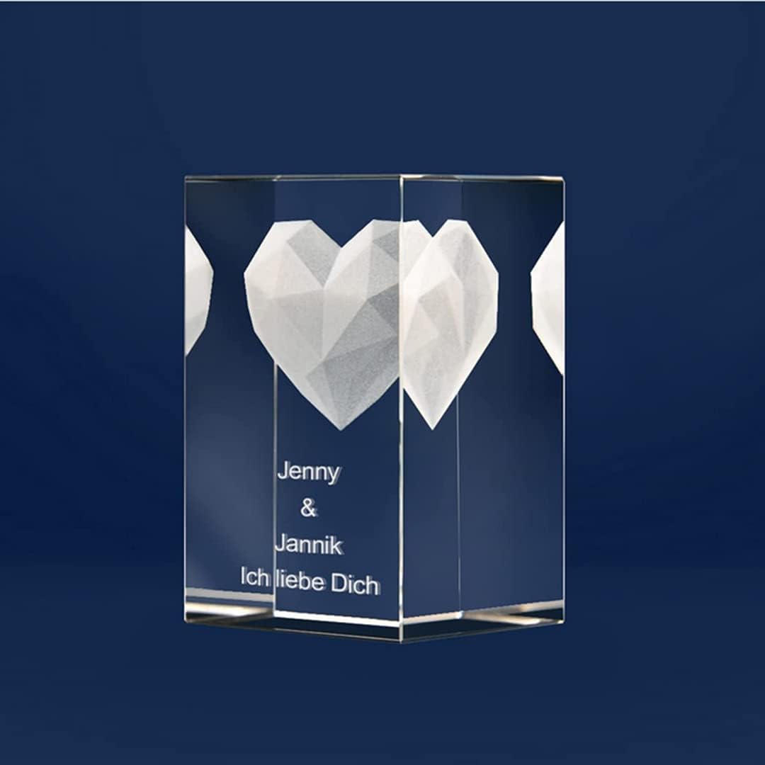 3D Glass with Heart Motif and Name of Choice Engraving and Date Love Gift (Without Light Base, S - 50 x 45 x 80 mm) – Bild 2