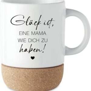 Manufaktur Liebevoll I Mama Gift Mug Coffee Mug Ceramic Mug with Cork Base and Lid Saying Mug Mum Coffee Mug Birthday Mother's Day Thank You Gift Christmas (Glück Mama)