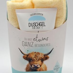 Wellness-Dusche für Dich Handtuch und Duschgel Spruch mit Highland-Rind