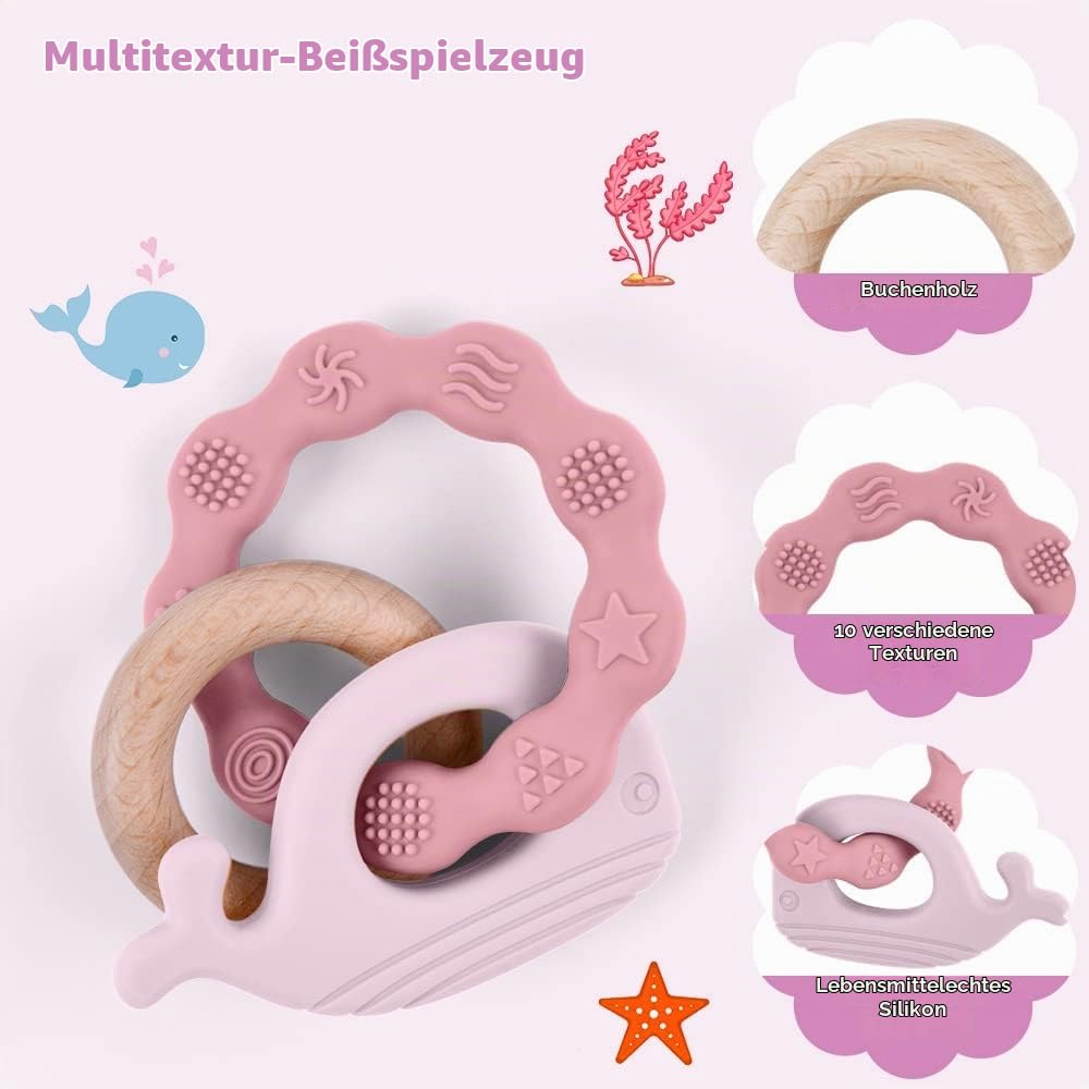 Vicloon Baby Teething Ring, Teething Toy, Teething Aid Made of Silicone & Wood, BPA-Free, Waltier Shape, Teething Nursing Accessories for 3 Months and Above Babies, Girls, Boys, Gift (Whale Pink) – Bild 3