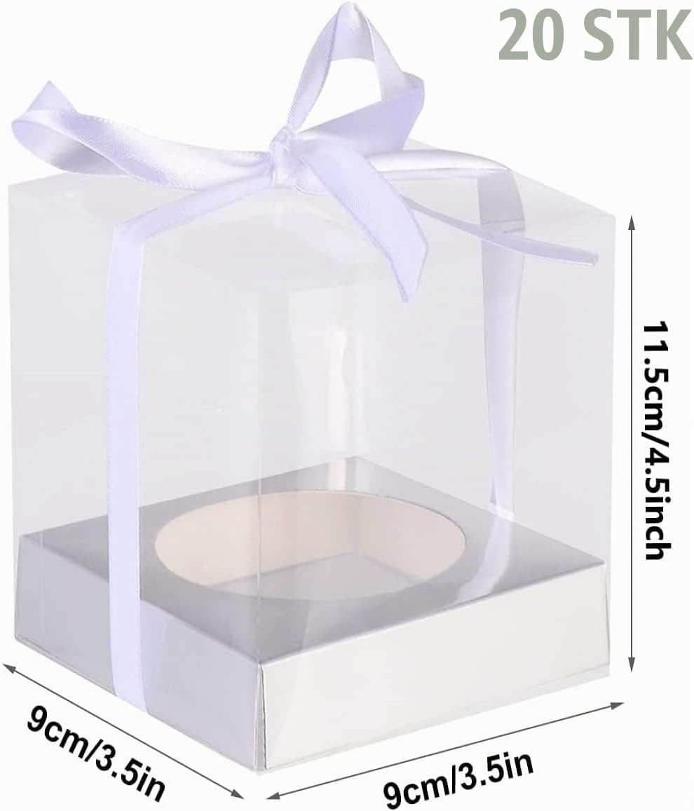 LATERN Pack of 20 Clear Cake Boxes, 9 x 9 x 11.5 cm, Transparent Gift Box with Silver Base and Ribbon for Packaging, Cakes, Macaron, Sweets, Cookies - for Wedding, Baby Shower, Party Favours – Bild 3