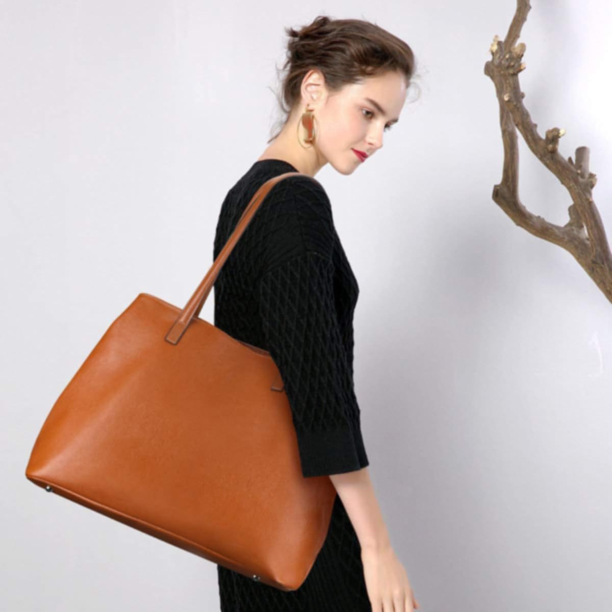 S-ZONE Women's Handbag Soft Genuine Leather Large Foldable Shopper Shoulder Bag 13 Inch Laptop Bag Handle Bags – Bild 2