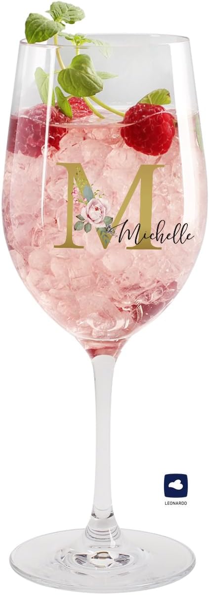 Herz & Heim® Beautiful Gift For Women, Wine Glass with Personalisation for Christmas or Birthdays, Monogram with Flowers