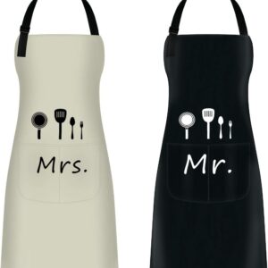 Mr. & Mrs. Cooking Apron Set of 2 – Ideal Wedding Gift & Couple Gifts – Kitchen Apron with 2 Pockets for Cooking, Baking, Anniversary & Engagement