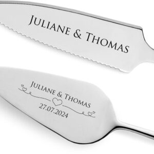 GRAVURZEILE Cake Server with Cake Knife with Personalised Engraving – Hearts – Gift for Wedding – High-Quality Stainless Steel – Dishwasher Safe – Wedding Gifts for Bride and Groom – Silver