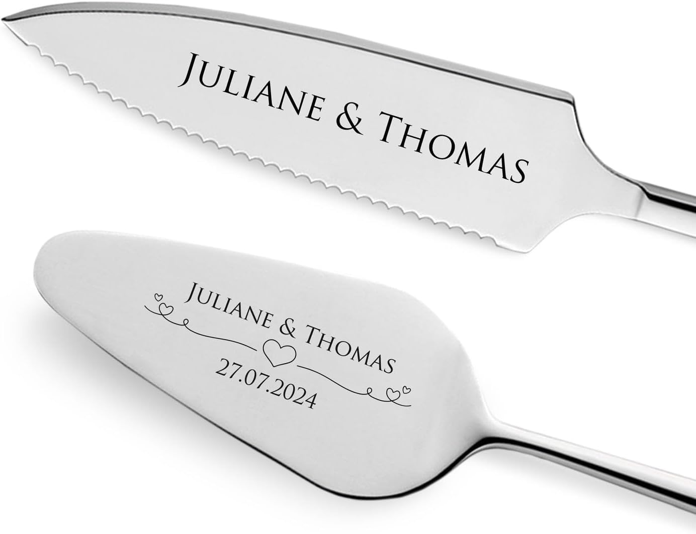 GRAVURZEILE Cake Server with Cake Knife with Personalised Engraving – Hearts – Gift for Wedding – High-Quality Stainless Steel – Dishwasher Safe – Wedding Gifts for Bride and Groom – Silver