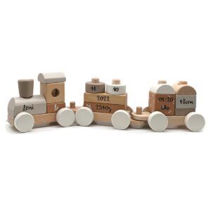 KIDSLINO Wooden Railway Nougat - Personalisable, for Birth Boys, Handmade Wooden Toy with Plugs, Personalised Gifts Baby, Wooden Train with Name & Date of Birth