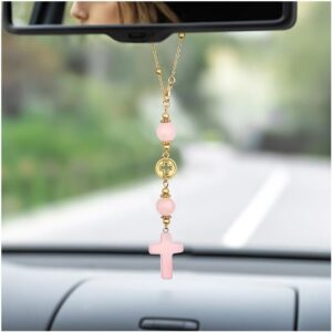 Car Pendant for Mirror with Crystal and Crucifix, Decorative Pendant Rear View Mirror, Cross Ornament Car Mirror, Rear View Mirror Jewellery for Interior Decoration, Car Accessories Decoration for