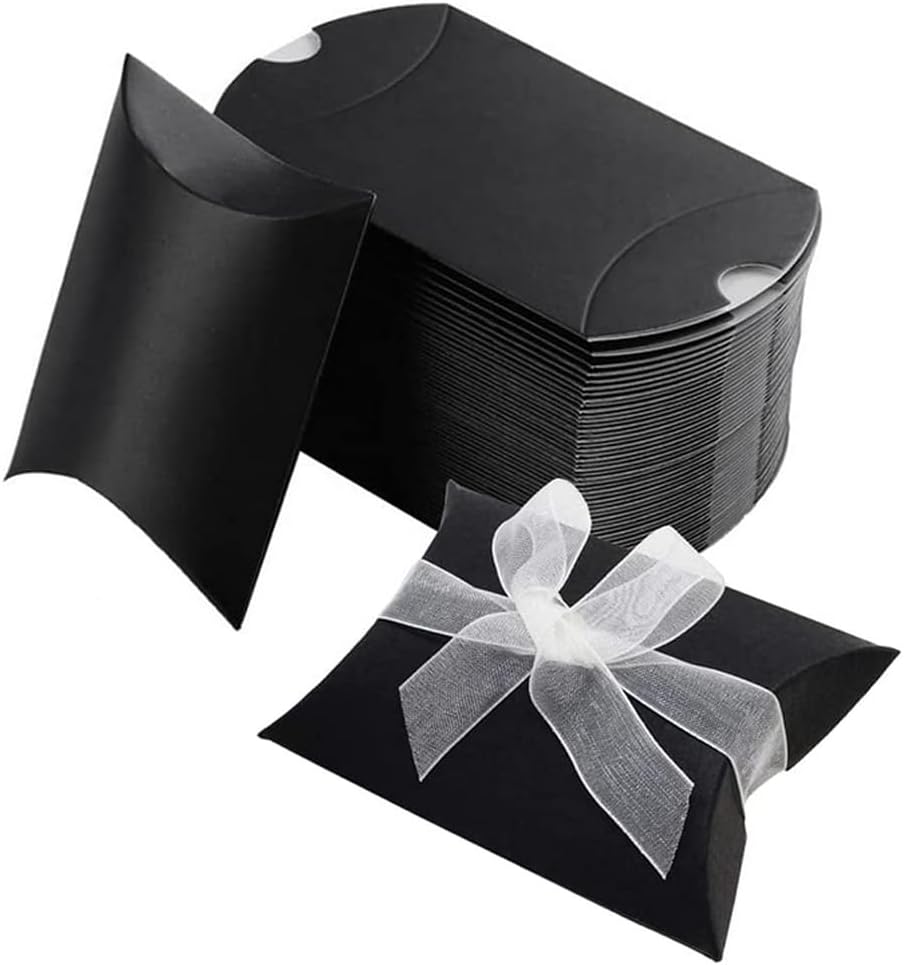 Pack of 50 Black Cushion Gift Boxes 9 x 6.5 x 2.4 cm Folded Size Paper Candy Treat Boxes with Ribbon for Wedding Birthday Party Favour Jewellery and Small Gift Packaging – Bild 8