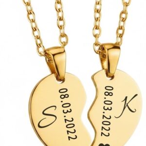 Heart Necklace for Couples with Engraving, Personalised with Name, Date, Saying | Women, Men, Girlfriend, Lovers, Adjustable Chain 45 cm, Waterproof with Back