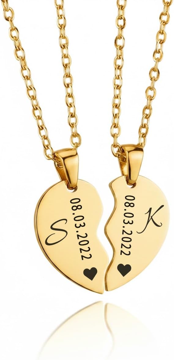 Heart Necklace for Couples with Engraving, Personalised with Name, Date, Saying | Women, Men, Girlfriend, Lovers, Adjustable Chain 45 cm, Waterproof with Back