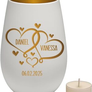 Engraved Lantern – Personalised Hearts with Name and Date – Anniversary Birthday or Valentine’s Day Gift – White