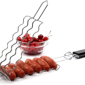 Sausage Turner Vegetable Holder and Sausage Holder Barbecue Sausage Grill Basket Hot Dog Rack Mesh Baskets Grill Rack for 6 Fried Sausages, Kebab Skewers