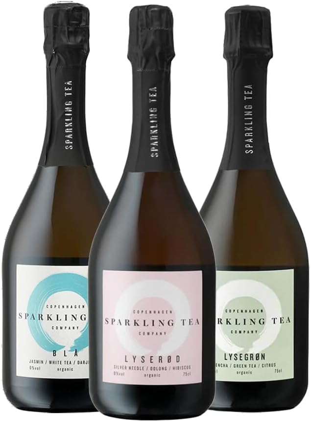 Copenhagen Sparkling Tea Set, Alcohol-Free, Premium Sparkling Wine Alternative Organic & Vegan, Exclusive Tea Aperitif Gift Set for Parties, 3 x 0.75 L (LYSERØD, BLÅ, LYSEGRØN)