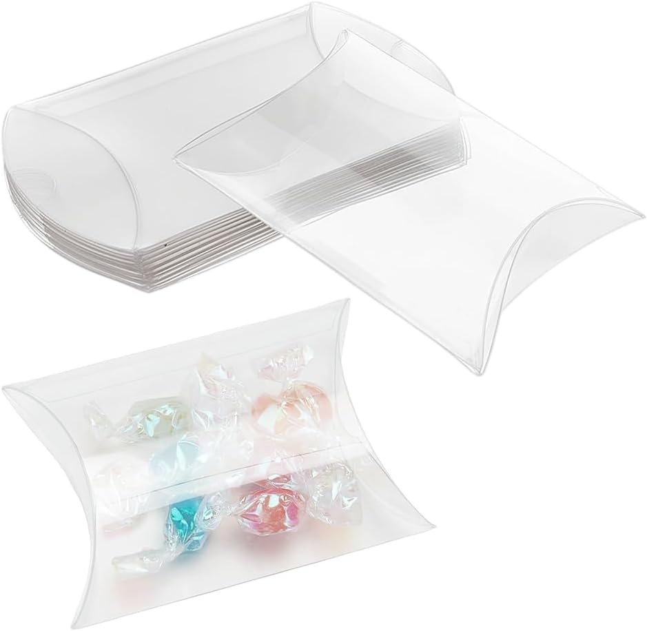 GOMAKERER Pack of 100 Transparent Cushion Boxes 9 x 6.4 x 2.5 cm Mini Gift Boxes Made of Transparent PVC Cushion Shape Transparent Gift Box for Sweets for Weddings Birthdays Holidays Parties