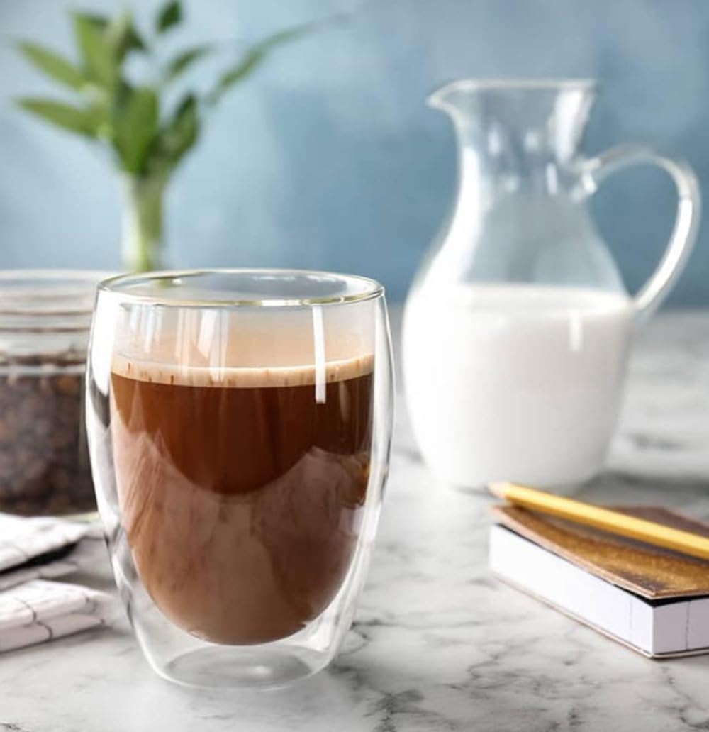 Double-walled coffee glasses, cappuccino cups, set of 4, 350 ml, transparent latte macchiato glasses, cappuccino glasses, suitable for tea, coffee, milk, juice and other drinks – Bild 5