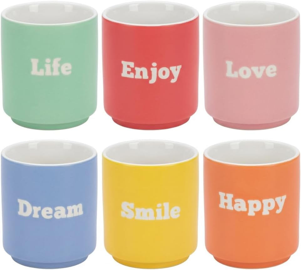 MIJOMA New Bone Porcelain Mug 180ml - 6 Colours with Relief Word - Compact Shape for Espresso, Coffee, Tea - Gift Set for Home and Office