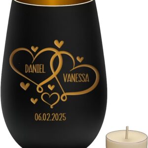 Engraved Lantern - Personalised Hearts with Name and Date - Anniversary Birthday or Valentine's Day Gift - Black