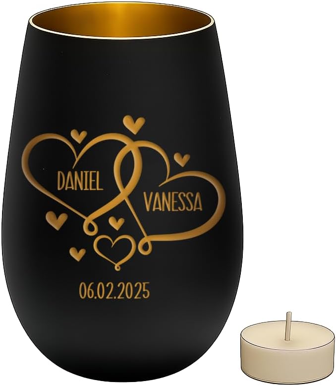 Engraved Lantern - Personalised Hearts with Name and Date - Anniversary Birthday or Valentine's Day Gift - Black