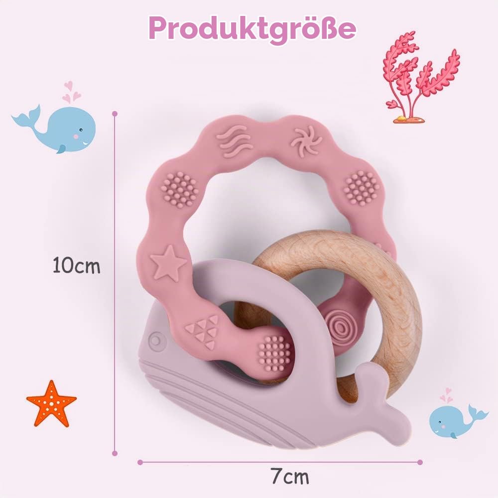 Vicloon Baby Teething Ring, Teething Toy, Teething Aid Made of Silicone & Wood, BPA-Free, Waltier Shape, Teething Nursing Accessories for 3 Months and Above Babies, Girls, Boys, Gift (Whale Pink) – Bild 2
