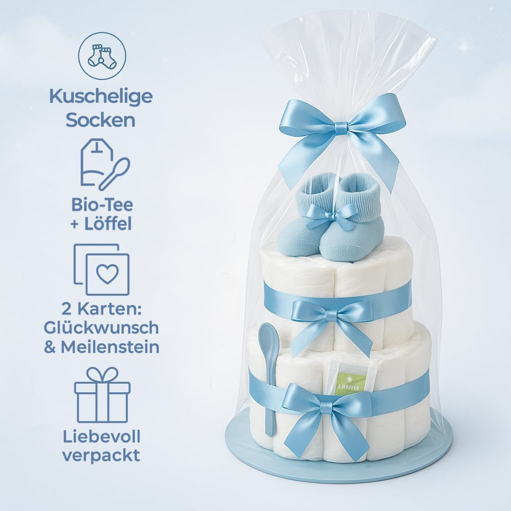 Nappy Cake Boy 2 Tier Blue with Baby Socks Gift for Birth – Bild 3