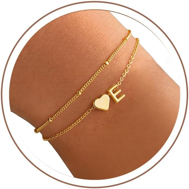 TINGN Women's Gold Silver Bracelet - 14K Gold Plated Heart Layered Bracelets Personalised Bracelet with Letters Monogram Alphabet Bracelet Women's Jewellery Gifts for Women Girlfriend Girls