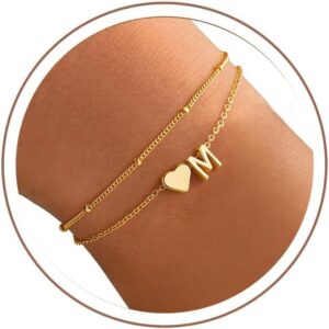 TINGN Women's Gold Silver Bracelet - 14K Gold Plated Heart Layered Bracelets Personalised Bracelet with Letters Monogram Alphabet Bracelet Women's Jewellery Gifts for Women Girlfriend Girls