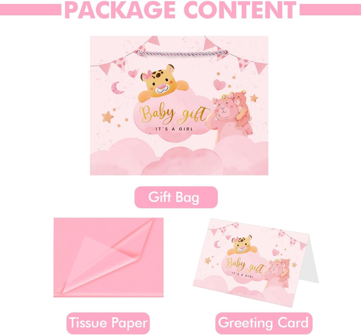 Ssyuysto Large Gift Bag Birth Girl 33 cm Wide Pink Baby Girl Gift Bag with Tissue Paper Greeting Card for Baby Shower Birthday Baby Shower Christening Gender Reveal Cute Animals – Bild 3