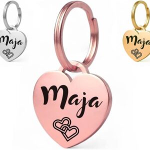 Heart Dog Tag with Engraving | Personalised with Name, Phone Number, Address, Desired Text | 25 mm Robust Stainless Steel Dog Tag, Name Pendant for Dog Collar