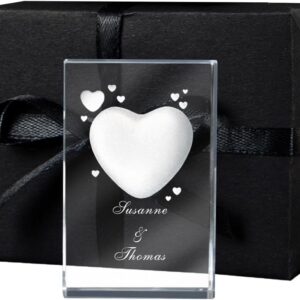 3D Glass with Heart Motif and Name of Choice Engraving and Date Love Gift (Without Light Base, S – 50 x 45 x 80 mm)