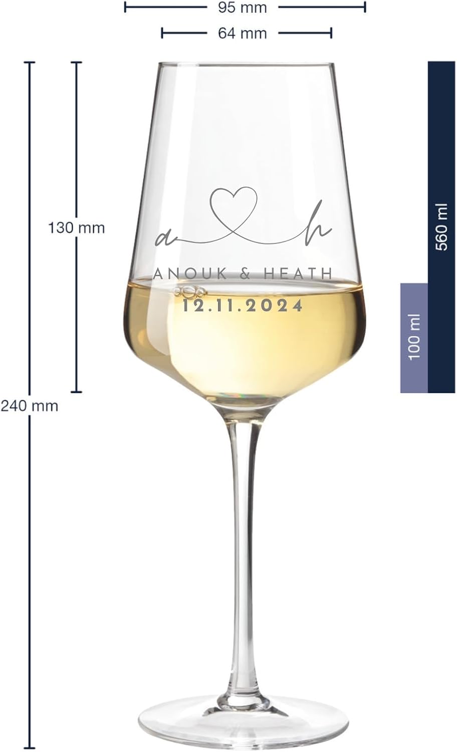 Villa Rosa Lotta - Leonardo Wine Glass Set of 2 with Engraving - Wedding Gifts for Bride and Groom, Personalised Gift for Wedding, Engagement, Anniversary with Name and Date, Initials – Bild 4