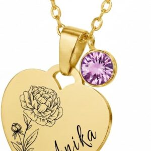 Geburtsblume Halskette personalisiert mit Geburtsstein & Gravur | Optional mit Rückseite | Geschenk Damen, Mädchen, Kind, Oma zum Geburtstag & Weihnachten | 45 cm Edelstahl Herz-Anhänger (Silber)