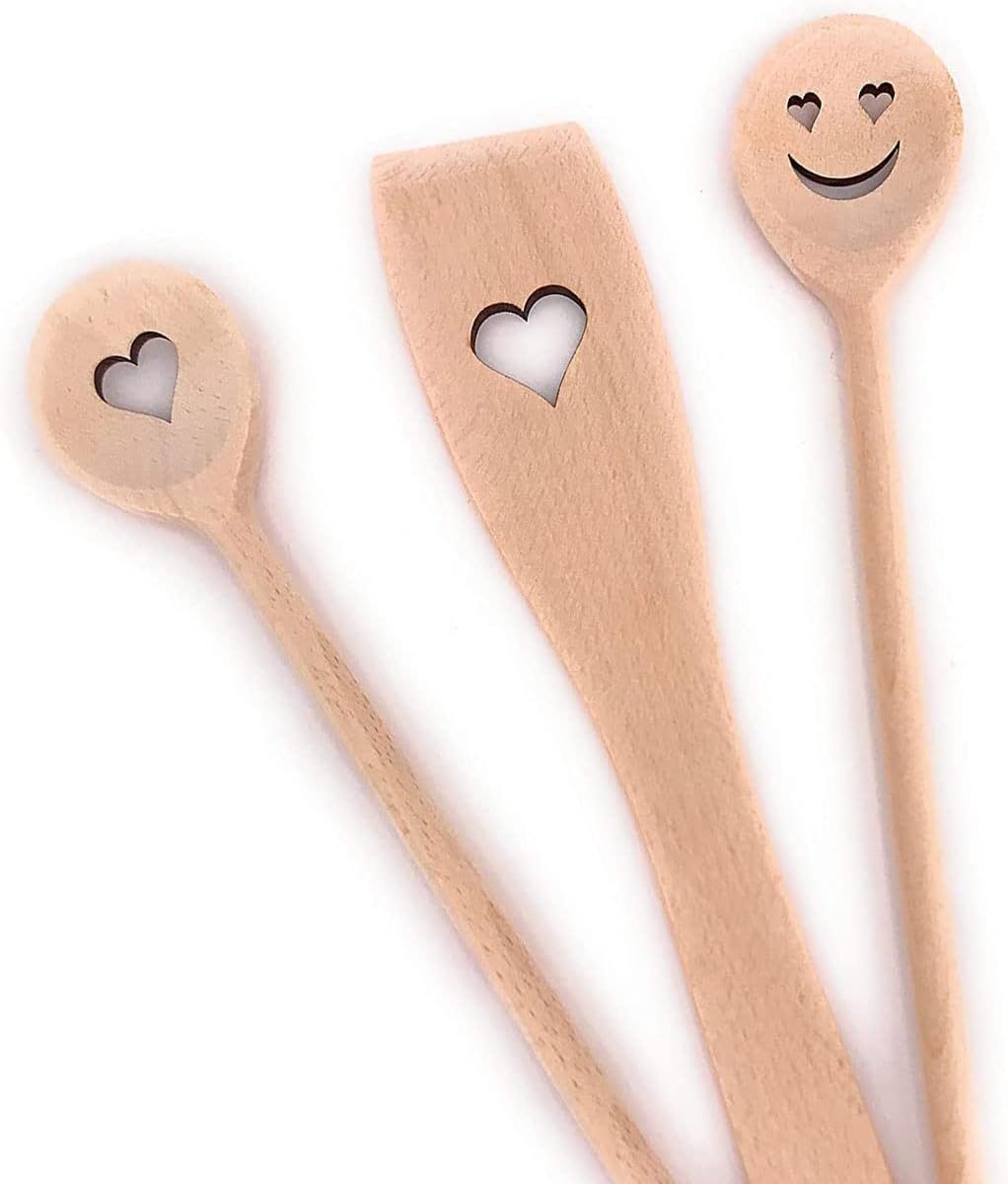 Balna Cooking Spoon Set Wooden Cooking Spoon Wooden Heart Gift Ideal for Wedding Valentine's Day Birthday Lovers Kitchen Set 2 Wooden Spoons + 1 Spatula Beech Wood 30 cm – Bild 7