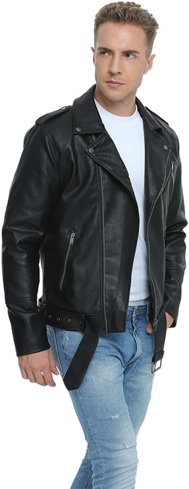 Fahsyee Men's Leather Jacket, Faux Leather Bomber Jacket, Motorcycle Lapels – Bild 4