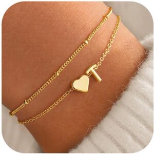 TINGN Women’s Gold Silver Bracelet – 14K Gold Plated Heart Layered Bracelets Personalised Bracelet with Letters Monogram Alphabet Bracelet Women’s Jewellery Gifts for Women Girlfriend Girls