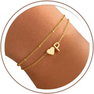 TINGN Women’s Gold Silver Bracelet – 14K Gold Plated Heart Layered Bracelets Personalised Bracelet with Letters Monogram Alphabet Bracelet Women’s Jewellery Gifts for Women Girlfriend Girls