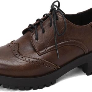 Leather Shoes Women’s Classic Business Shoes Pumps Lace Up Vintage Oxford Business Shoes with Block Heel