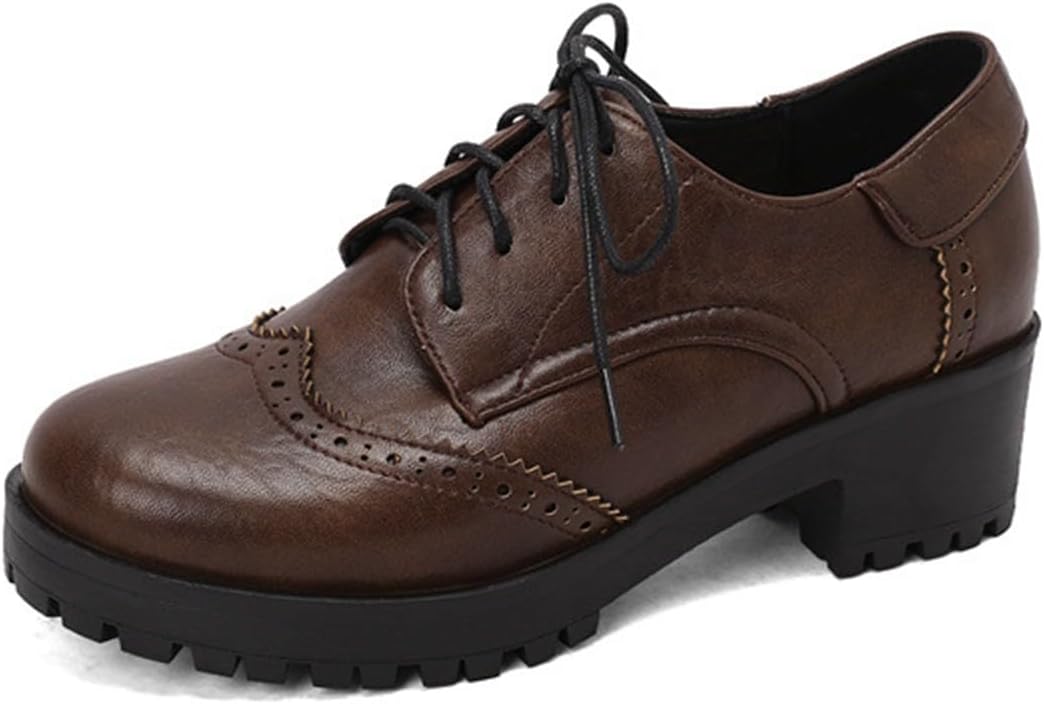 Leather Shoes Women's Classic Business Shoes Pumps Lace Up Vintage Oxford Business Shoes with Block Heel