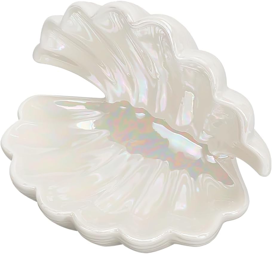 nbeads Ceramic Jewellery Plate with White Shell, Shell Shaped Jewellery Plate, Rings Storage Holder with Sea Motif, Decorative Jewellery Plate for Rings, Necklaces, Earrings
