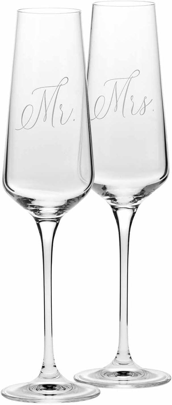 Krosno Mr & Mrs Champagne Glasses Set of 2, 180 ml, Prosecco Champagne Glasses, Handmade from Lead-Free Crystal Glass, Matte White Decorated, Wedding Glasses as a Gift for Couples