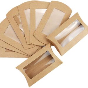 VASANA 20 Pieces Kraft Paper Pillow Boxes with Transparent Window, Cookie Packaging, Pillow Gift Box, Folding Boxes, Candy, Chocolate, Jewelry, Display, Wedding, Party, Party Favor