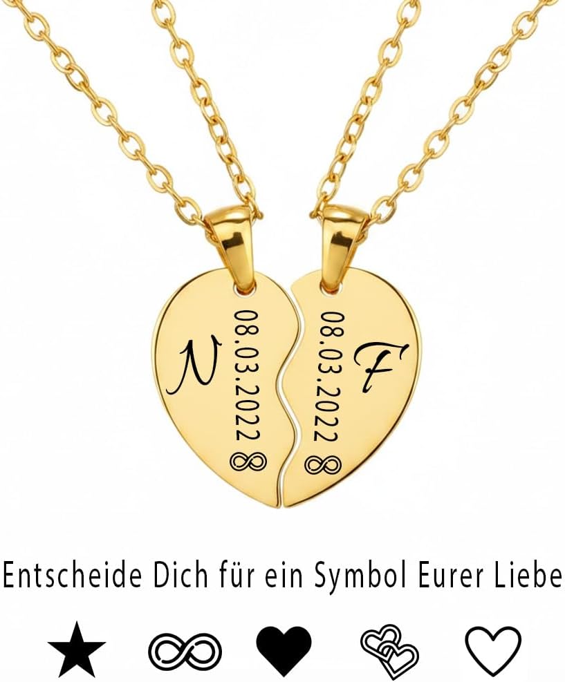 Heart Necklace for Couples with Engraving, Personalised with Name, Date, Saying | Women, Men, Girlfriend, Lovers, Adjustable Chain 45 cm, Waterproof with Back – Bild 7