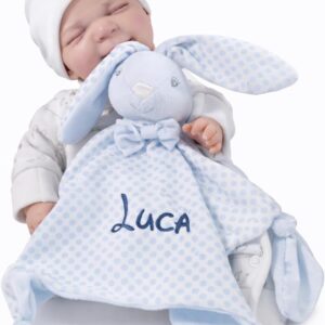 BotoBaby® Cuddly Blanket Rabbit Blue Personalised with Name - Cuddly Blanket 25 x 25 cm Embroidered - Cuddle Blanket Baby Boy/Girl - Individual Baby Gift for Birth, Christening & Birthday (Blue - Rabbit)