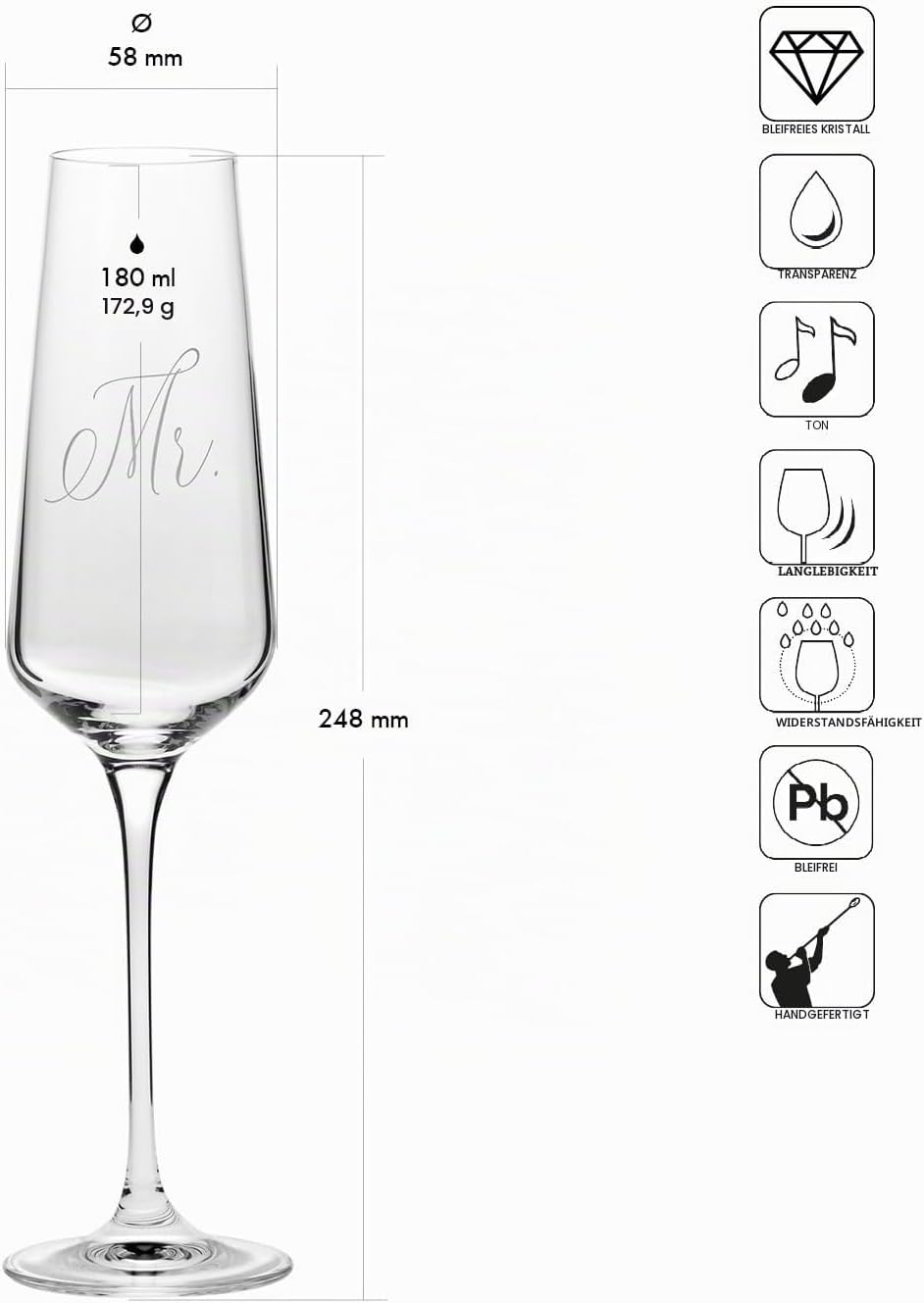 Krosno Mr & Mrs Champagne Glasses Set of 2, 180 ml, Prosecco Champagne Glasses, Handmade from Lead-Free Crystal Glass, Matte White Decorated, Wedding Glasses as a Gift for Couples – Bild 2