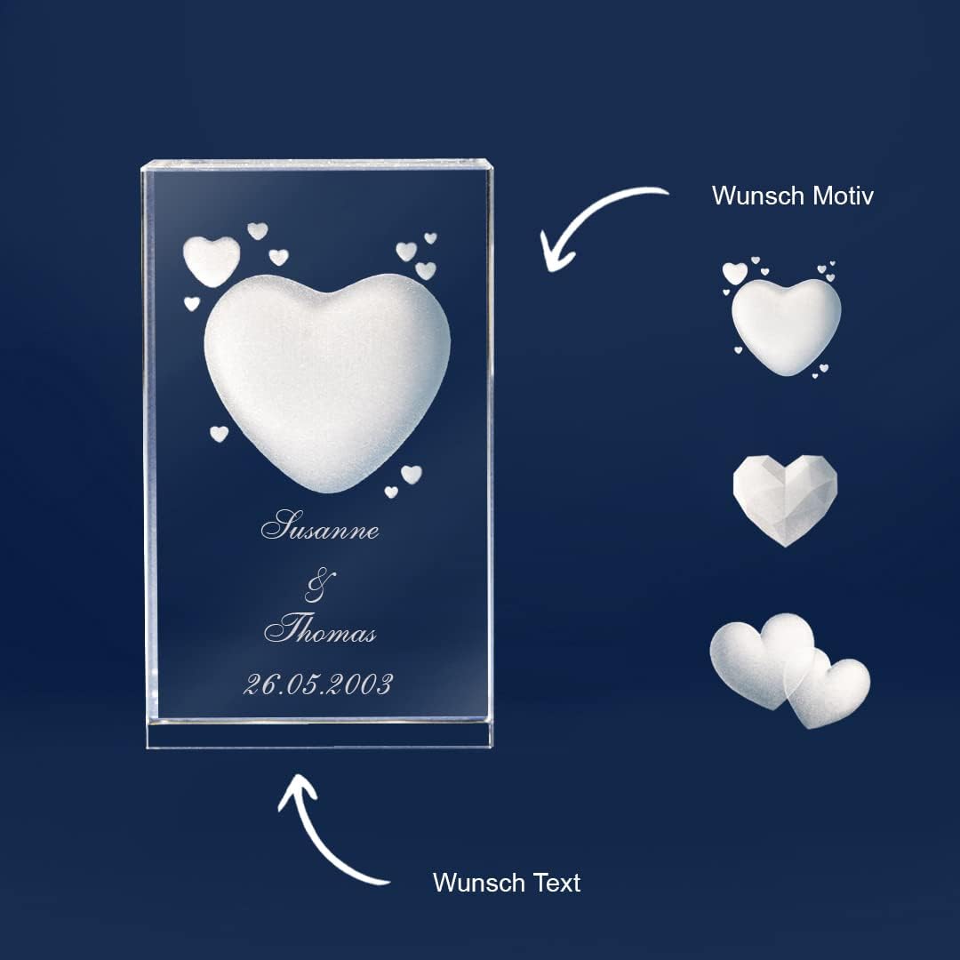 3D Glass with Heart Motif and Name of Choice Engraving and Date Love Gift (Without Light Base, S - 50 x 45 x 80 mm) – Bild 4