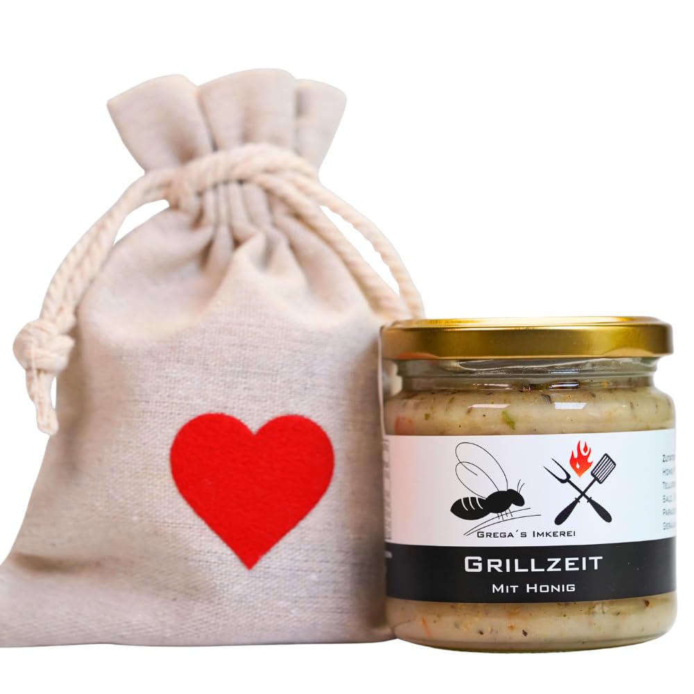 Gregas Bee Honey - Mother's Day & Father's Day Gift Idea - Linen Bag with Heart and Honey of Your Choice - The Perfect Gift - Ideal as a Gift for Mother's Day, Father's Day (Barbecue Time with Honey)