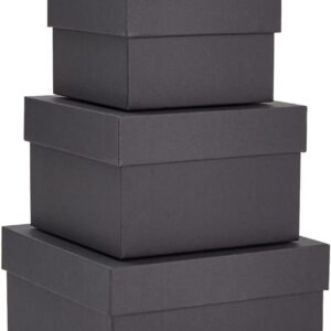Square Paper Gift Boxes with Lids - 4 Different Sizes (Black, Pack of 4)